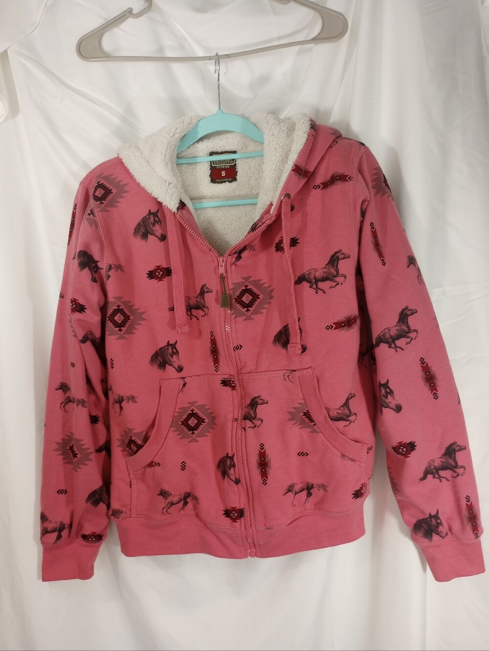 CE Schmidt Cozy Pink Sherpa-Lined Horse Print Zip Hoodie
